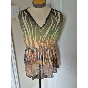 Peter Nygard Green Tan Printed Sleeveless Peplum Camisole With Embroidery